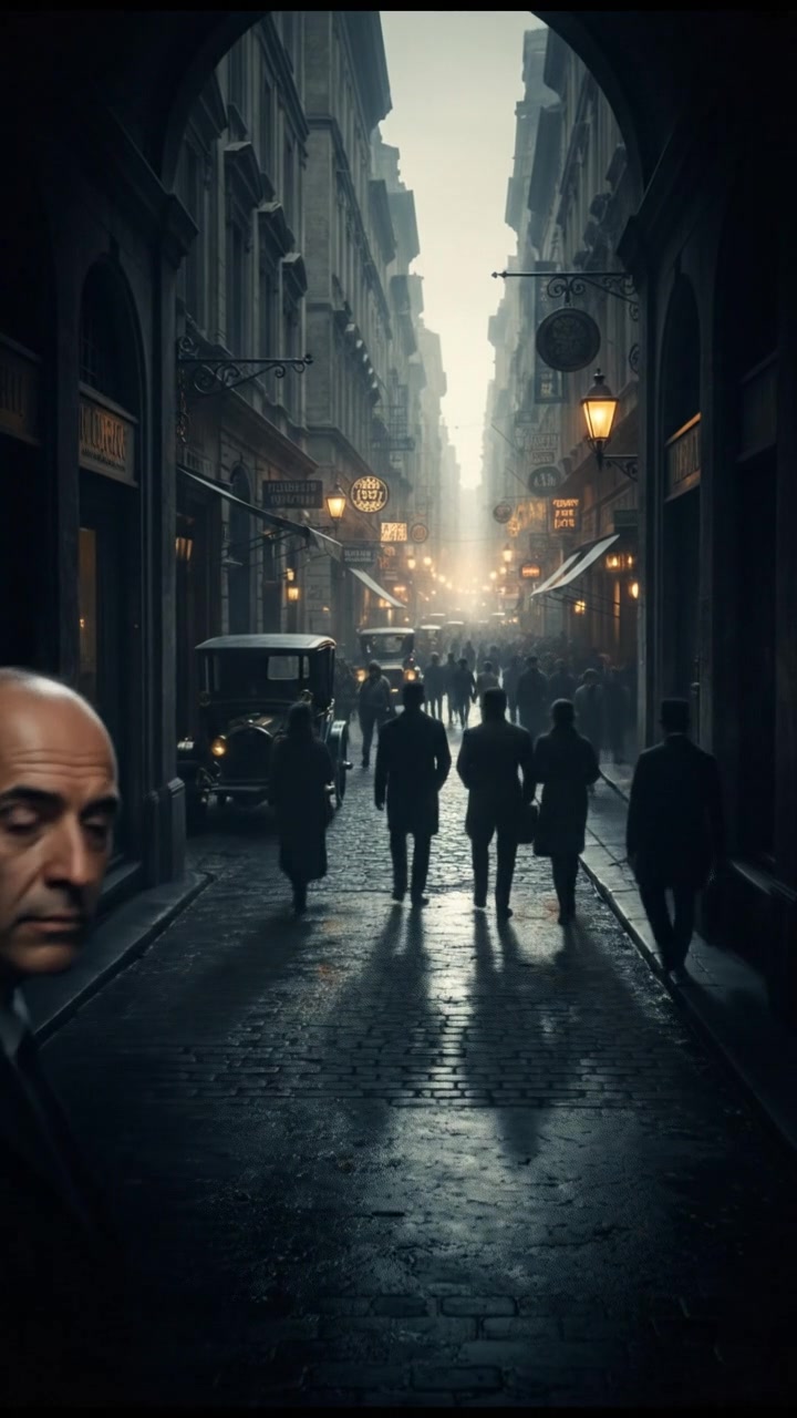 The Carlos standing in the shadows of an alley, observing a bustling street filled with people.