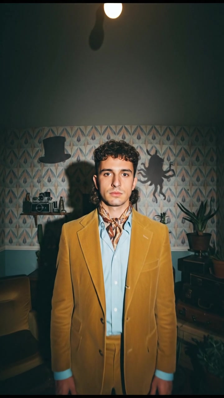 Mateo standing in a dimly lit room, with a look of determination as shadows loom behind him.