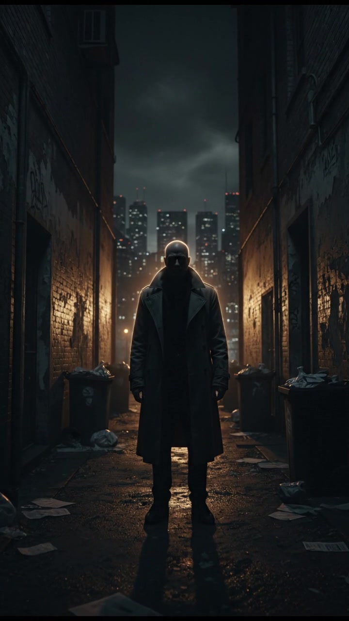 A shadowy figure of the Carlos standing in an alleyway, with a city background and a faint light illuminating his silhouette.