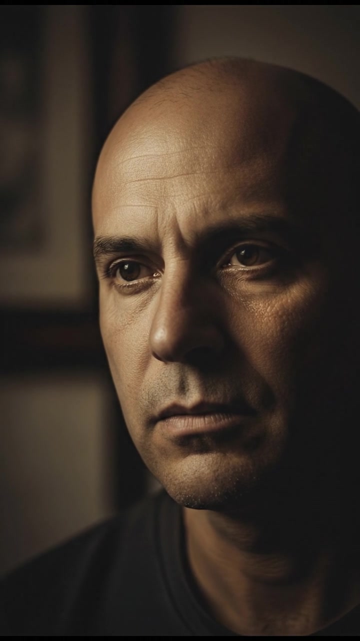 A close-up of the Carlos's face, showing his brown eyes and serious expression against a blurred background.