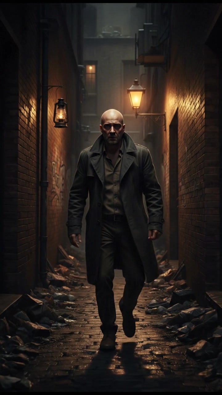 Carlos standing frozen in a dark alley, shadows looming around him.