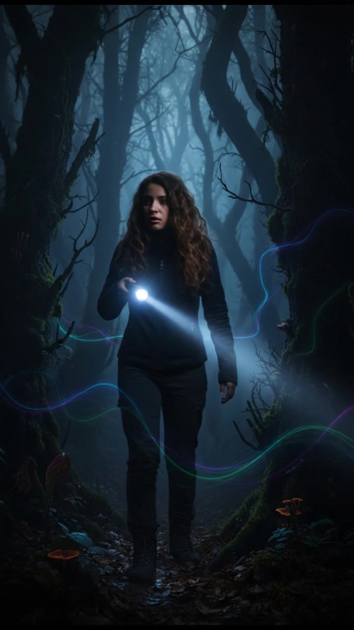 Maya holding her flashlight, nervously glancing toward the shadows in the dark forest.