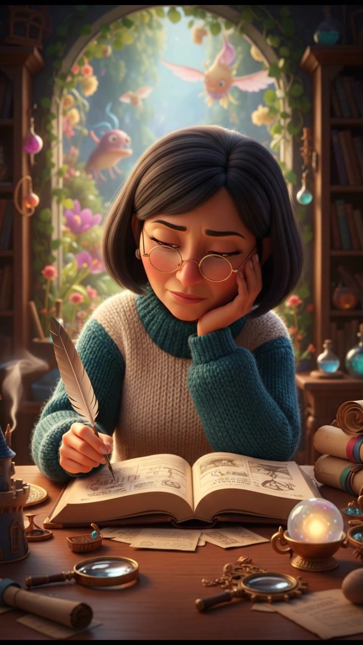 A close-up of Li sitting at a table, looking thoughtfully at a book with a pen in her hand.