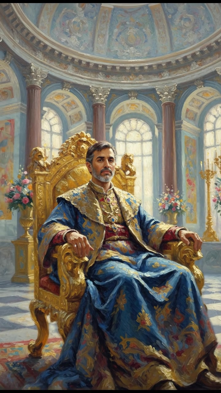 Omar sitting on a grand throne in a lavish palace, surrounded by ornate decorations.