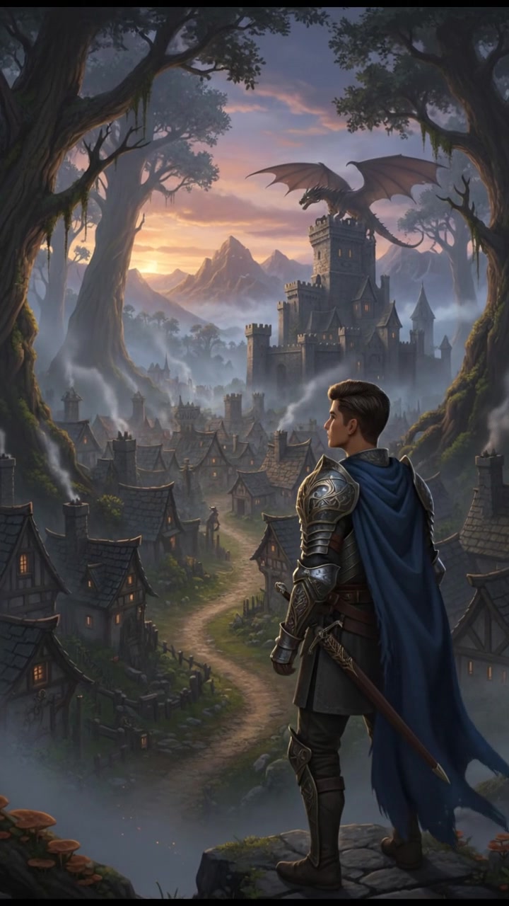 A view of the village surrounded by towering trees, with Arjun standing in the foreground.