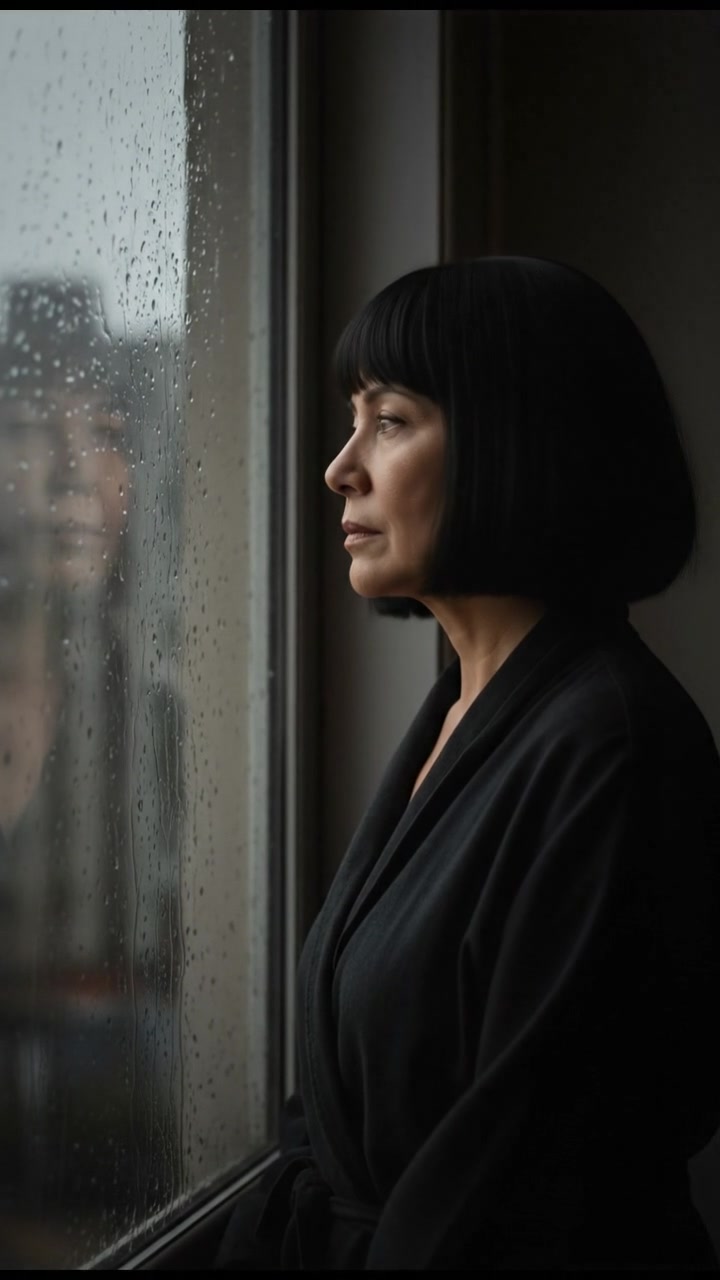 Li standing by a rain-soaked window, gazing thoughtfully at the raindrops cascading down the glass.