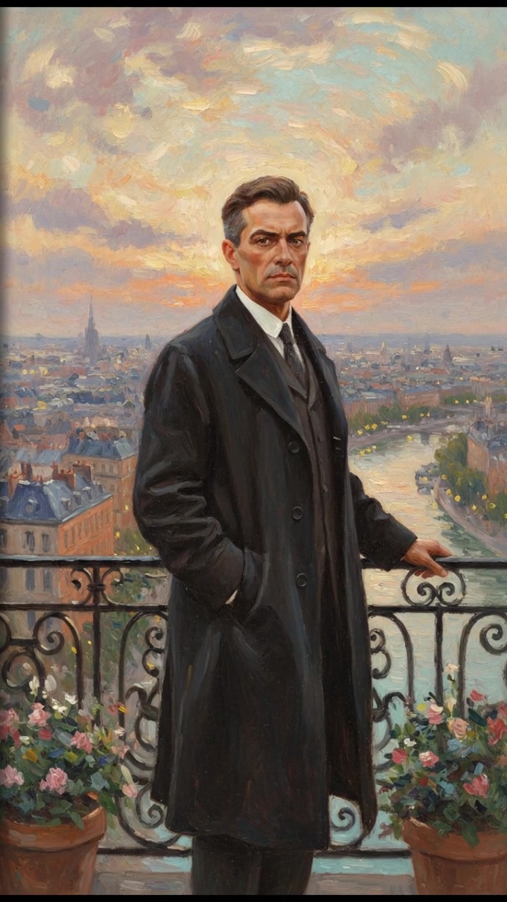 Omar standing on a balcony, overlooking the city with a firm expression.