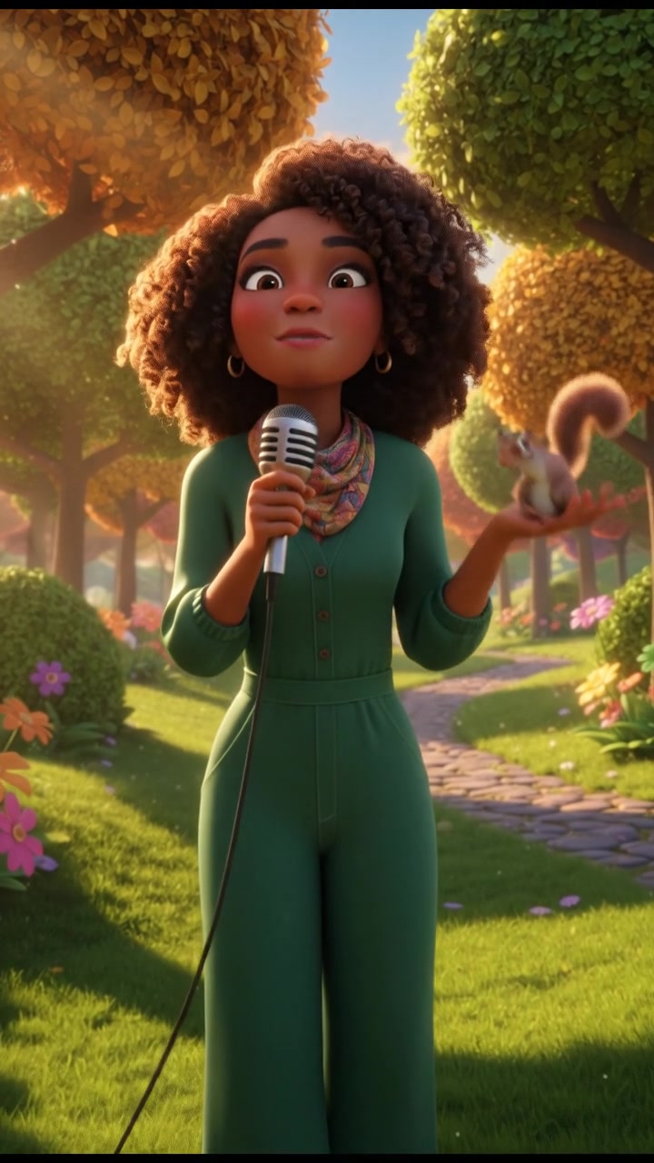 Nia standing in a sunny park, smiling as she holds a microphone, surrounded by trees.