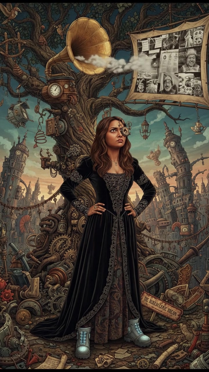 The Priya stands under a large tree, looking contemplative with her hands on her hips.