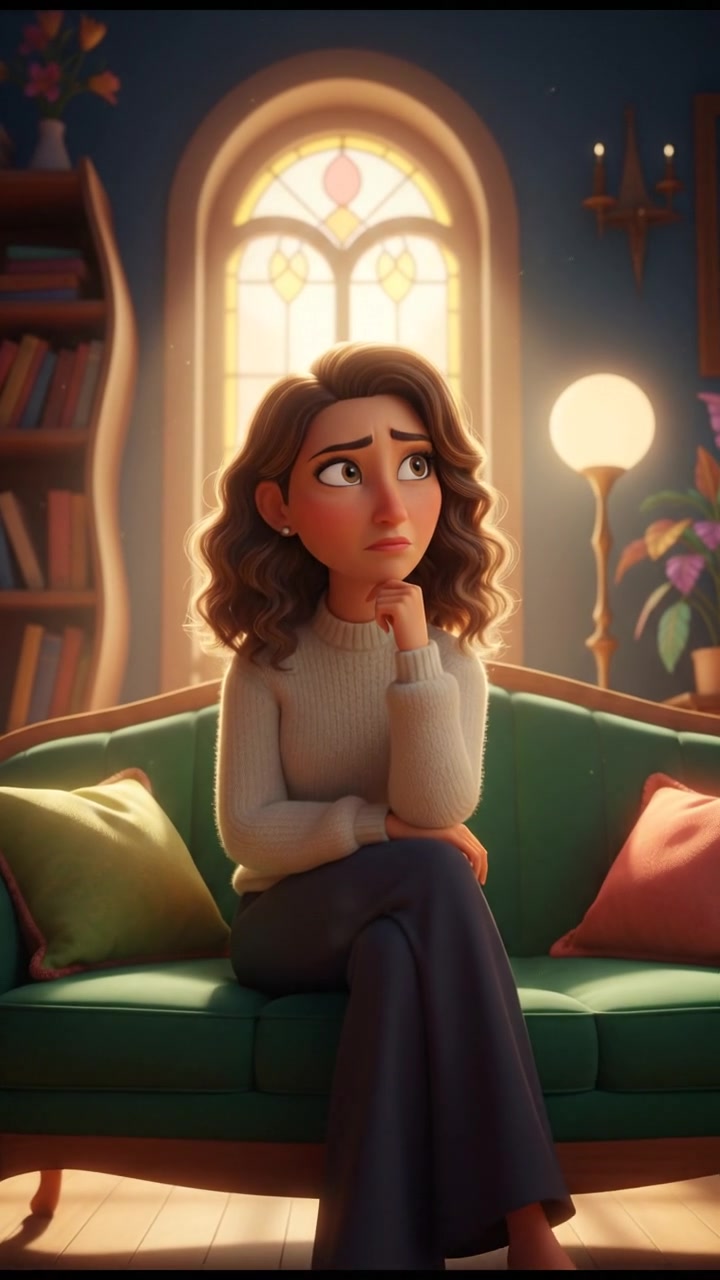 The Dolores seated on a couch, looking thoughtful as she reflects, with soft lighting in the room.