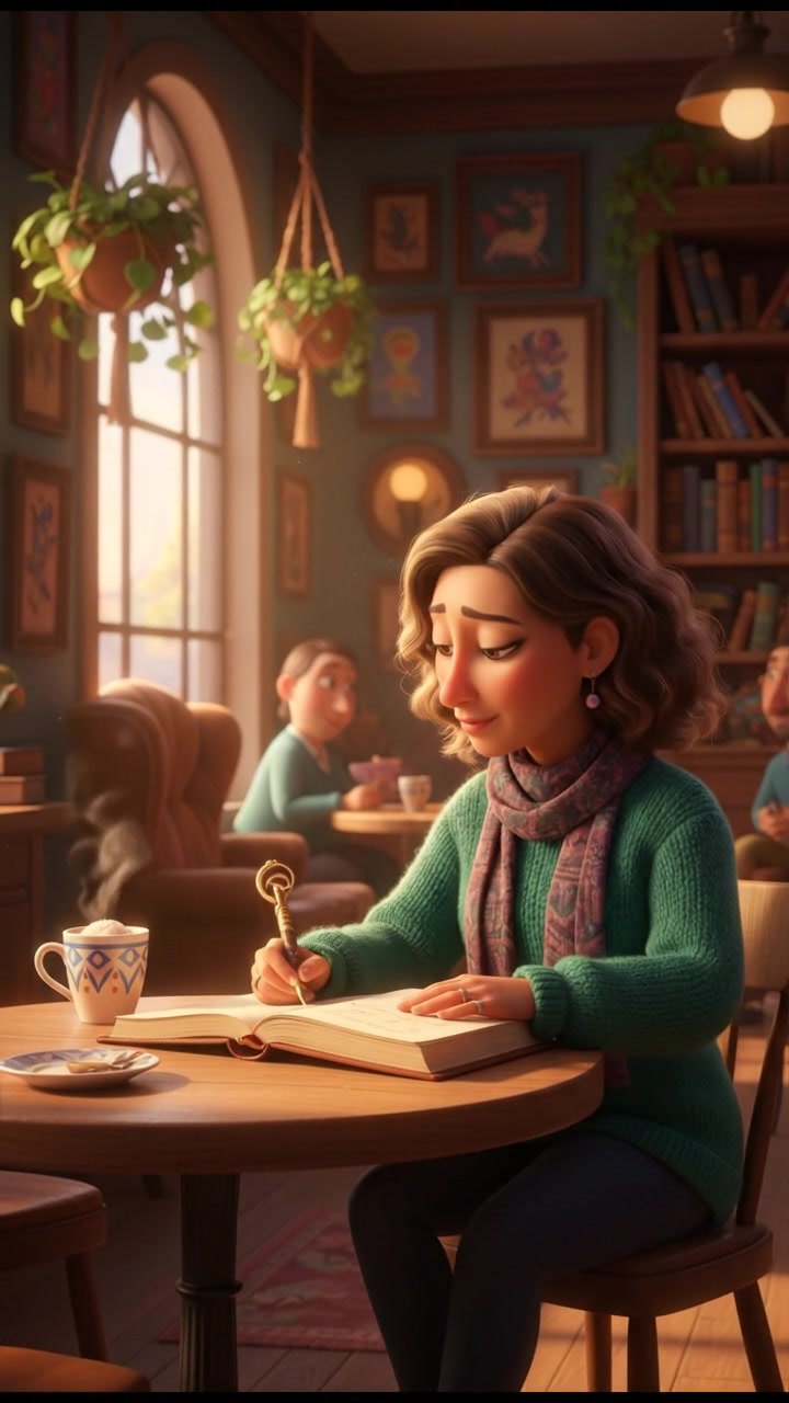 Dolores sitting at a table in a cozy café, writing notes in a journal with a cup of coffee beside her.