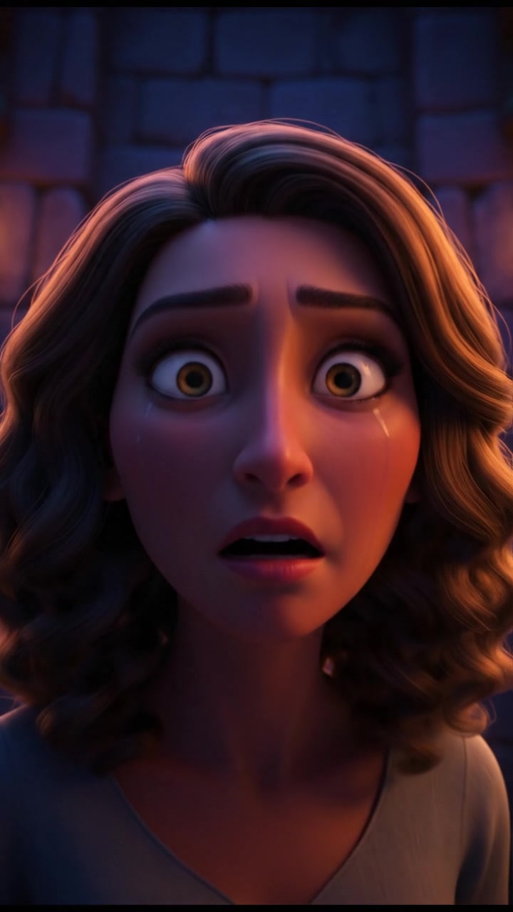 A close-up of Dolores's face with wide eyes, gasping for air, in a dark room.