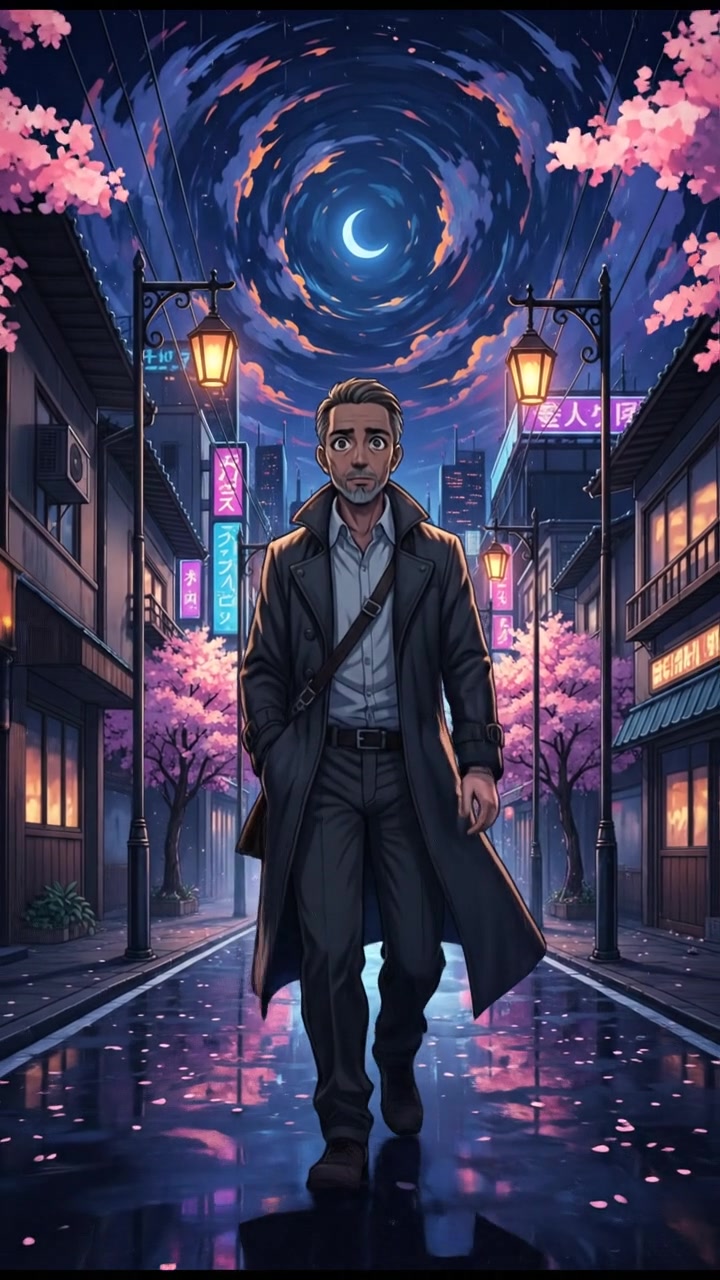 The Raj walking down an empty street at night, streetlights casting shadows.