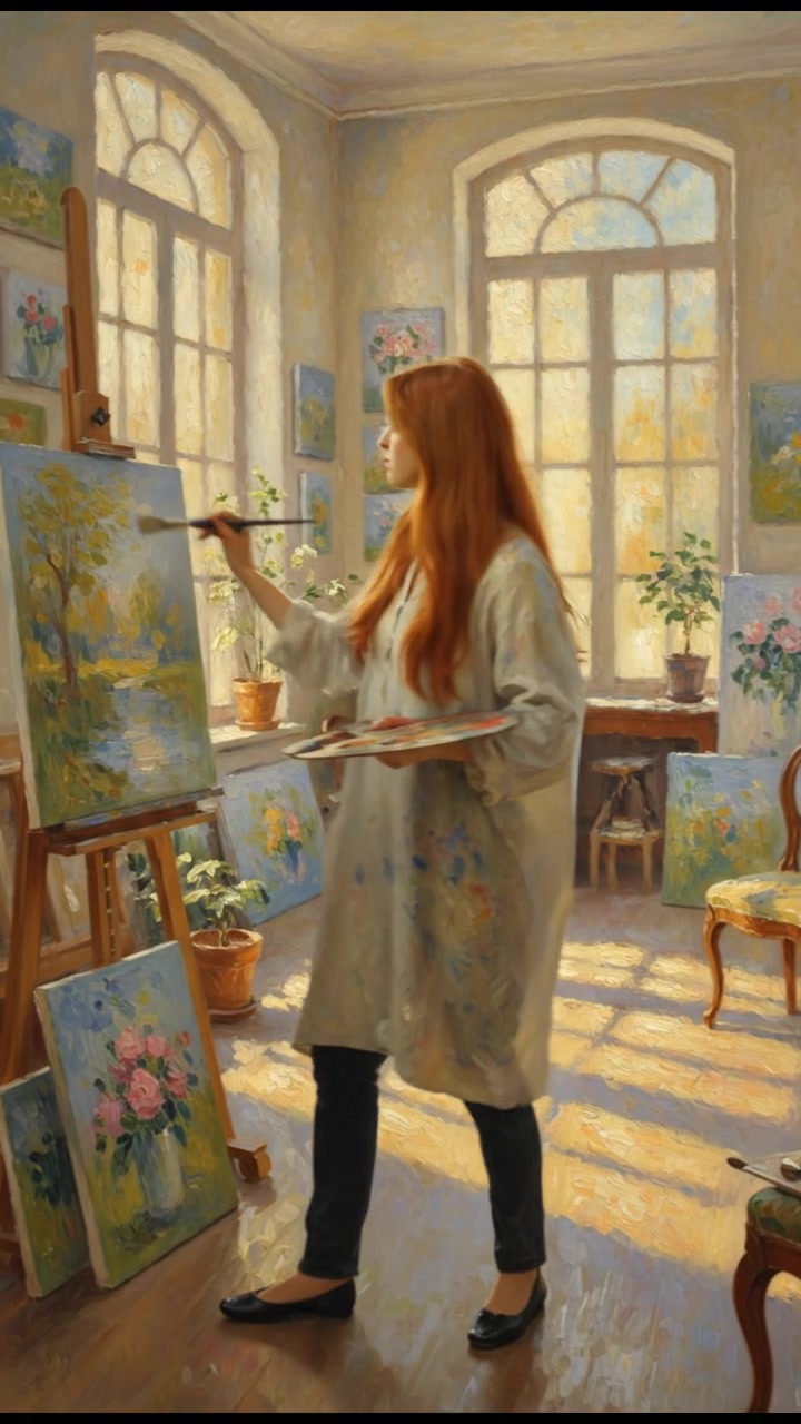 Emma in a sunlit art studio, surrounded by canvases, with paintbrushes in hand.
