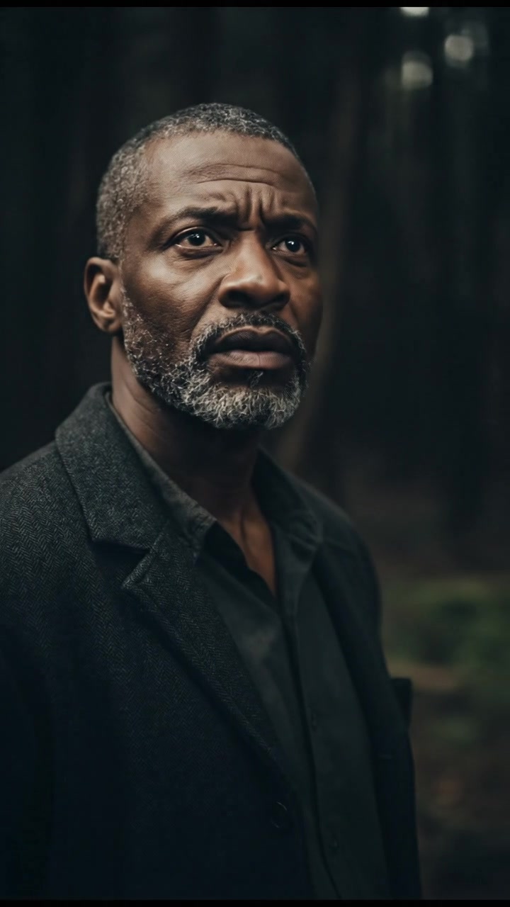 Kwame standing in a forest, looking inquisitively toward the dark background with trees.