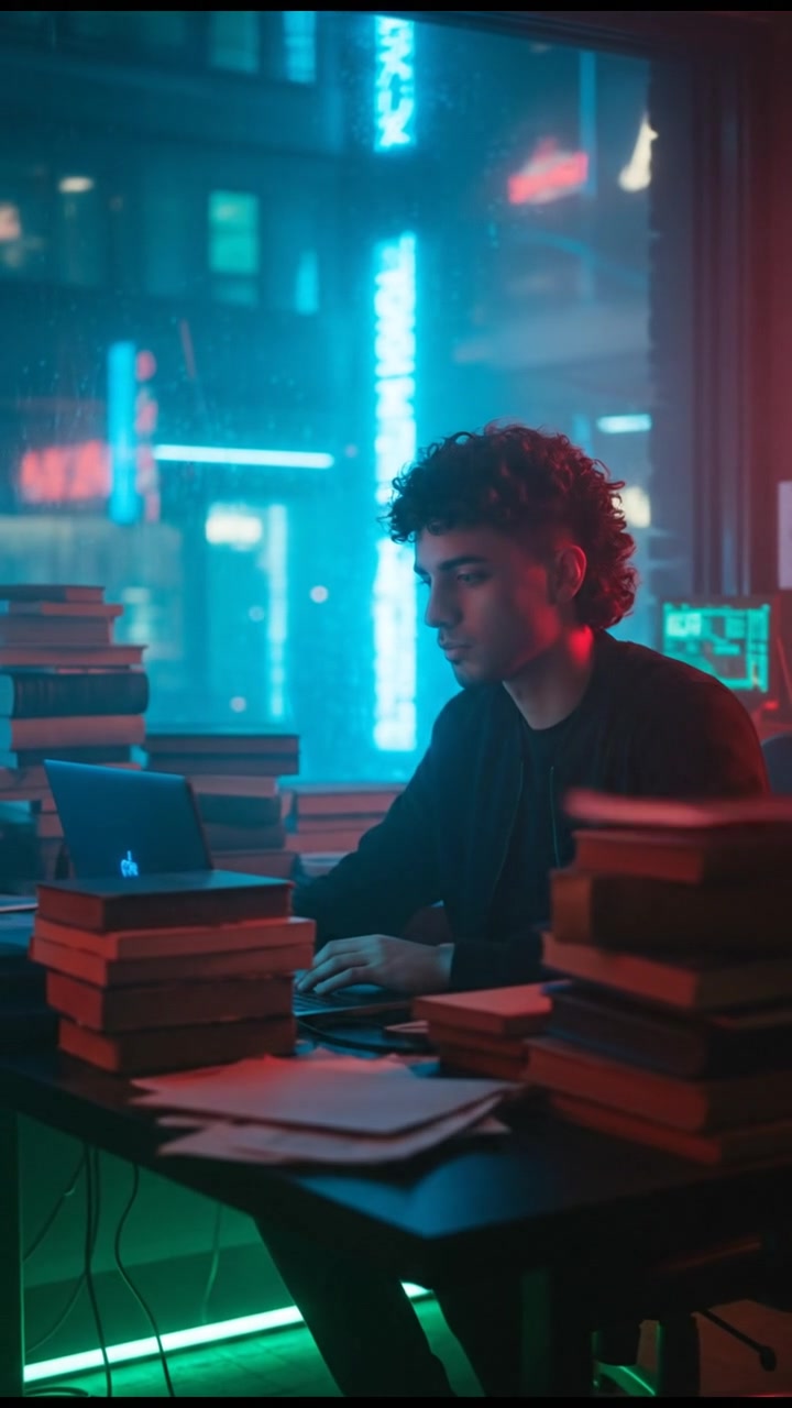 Mateo is sitting at a desk covered with books and papers, with a laptop open in front of him.