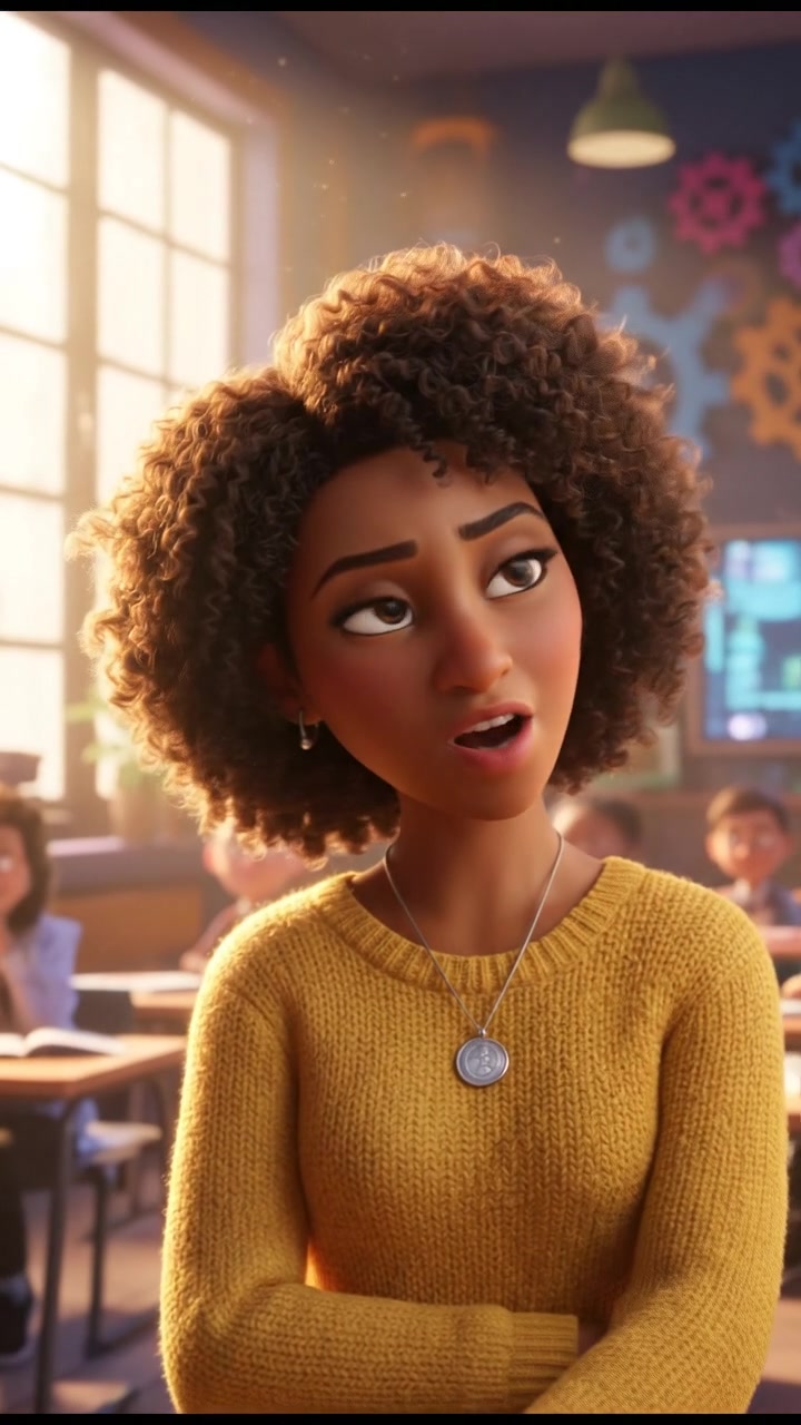 Close-up of Nia with a thoughtful expression, looking towards the students.