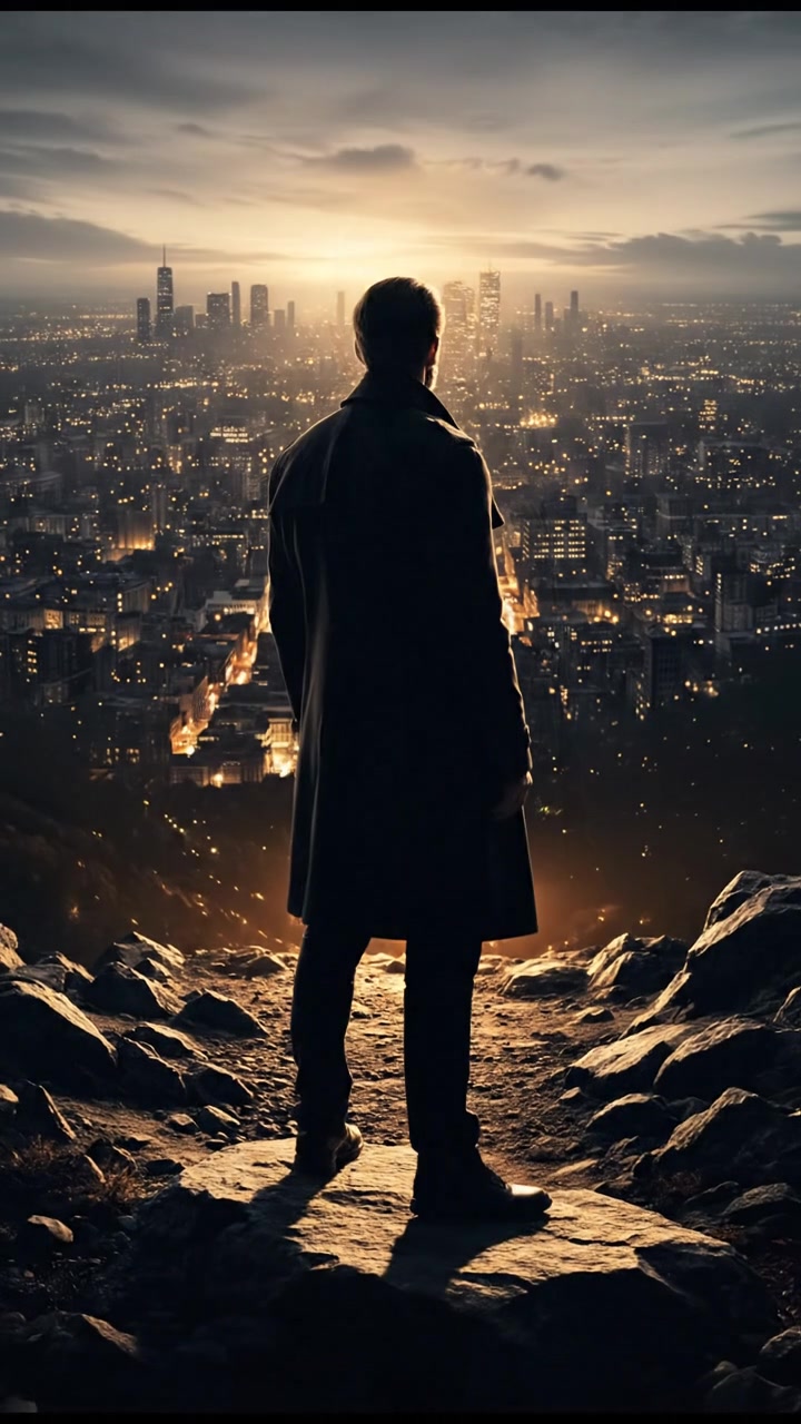 Omar stands on a hilltop, looking determined, with a city skyline behind him.