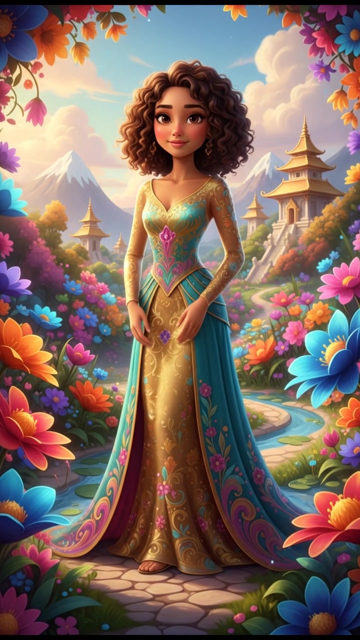 A portrait of Roro Jonggrang, with a serene expression, standing in a beautiful garden full of blooming flowers.