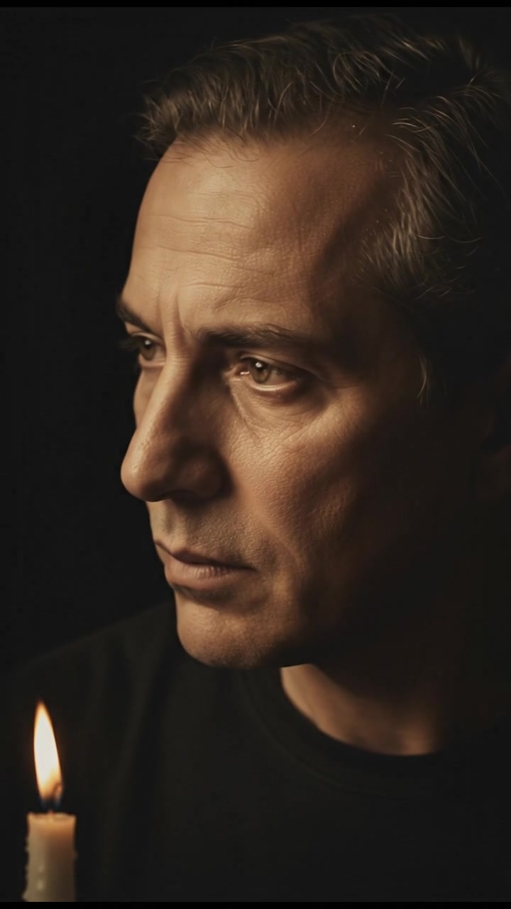 A close-up of Omar's face, looking contemplative, with a hint of sadness in his hazel eyes.