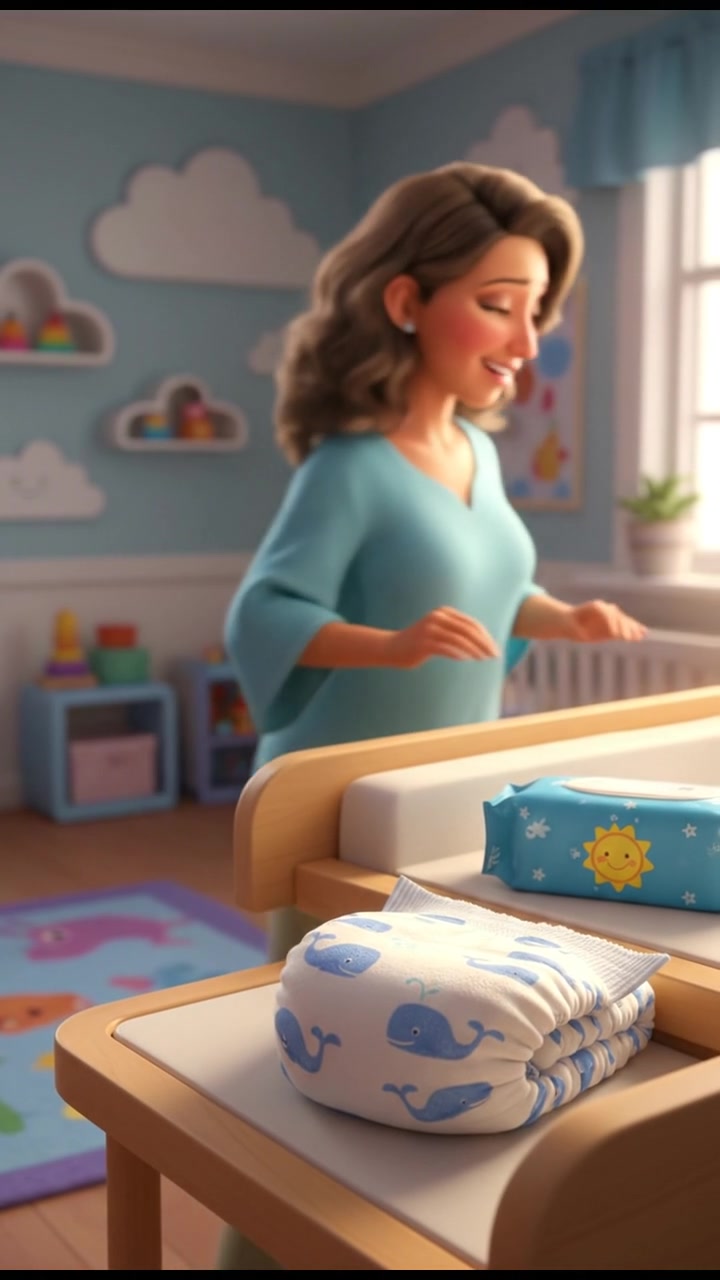 A close-up of a fresh diaper and wipes on the changing table with Dolores in the background.