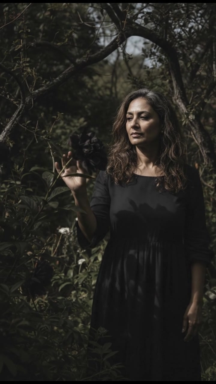 Asha standing in a sunlit garden, gently touching a flower with her hand.