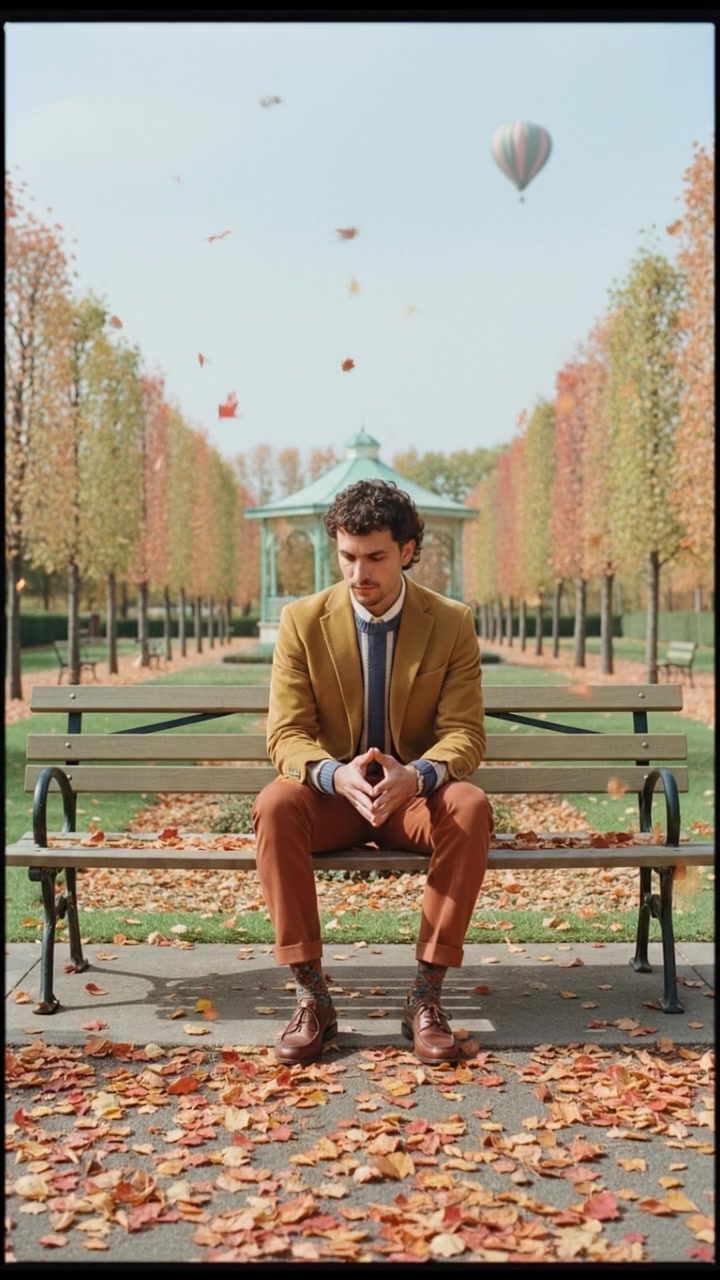 The Mateo sitting on a park bench, looking contemplative as autumn leaves fall around him.