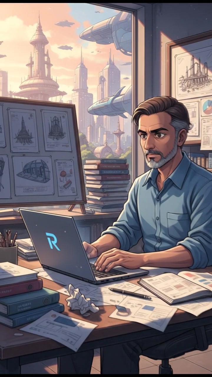 Raj in his office, surrounded by design sketches and business documents, focusing on a laptop.