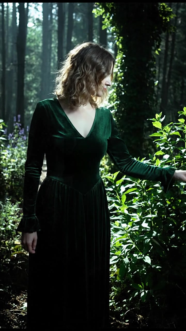 Ashley stands in a lush green forest, surrounded by various herbs and plants.