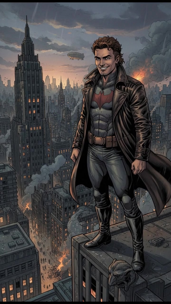 Mateo stands triumphantly atop a building, overlooking Gotham City with a sinister grin.