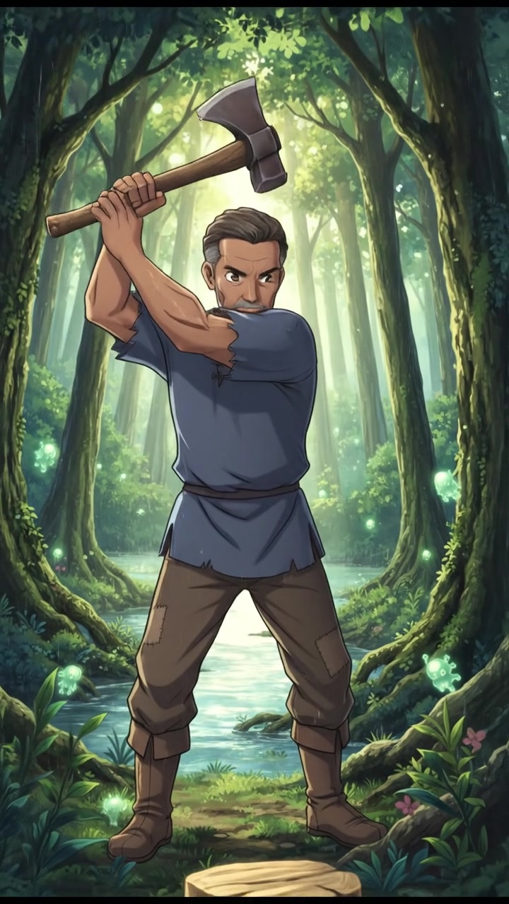 Raj, the honest woodcutter, standing in a forest with an axe in hand, surrounded by tall trees.