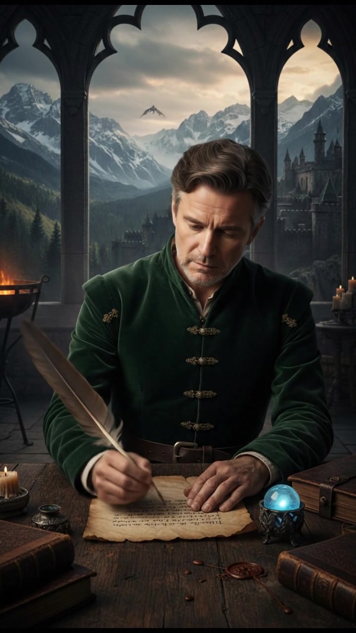 Mark, sitting at a wooden table, holds a quill pen poised above a parchment, deep in thought.