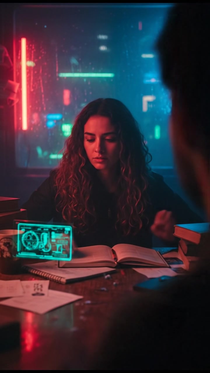 Maya sitting at a large wooden table, surrounded by books and papers, a focused expression on her face.