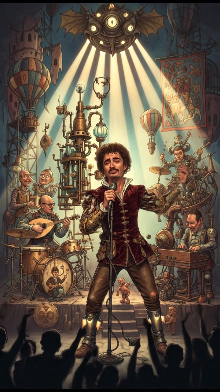 Mateo performing passionately on stage under bright lights, with musicians in the background.