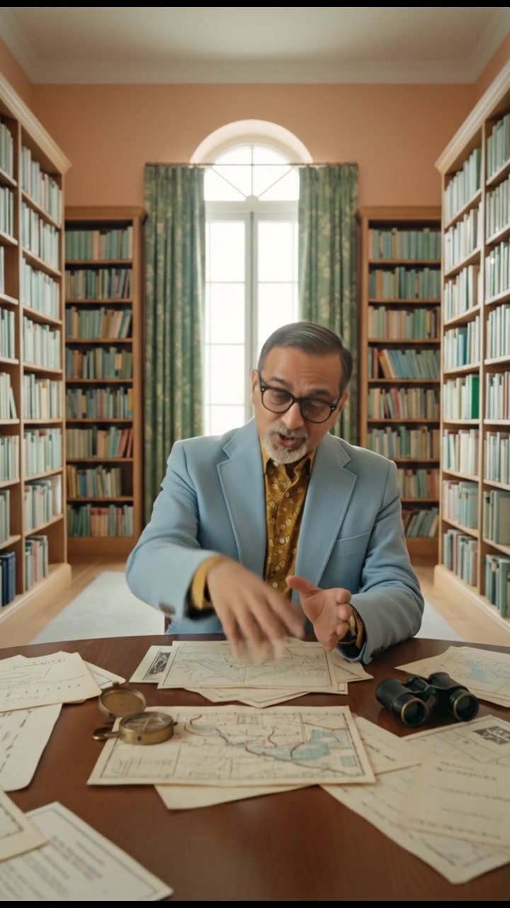 Raj sitting at a wooden table, gesturing while discussing a plan, papers spread out in front of him.