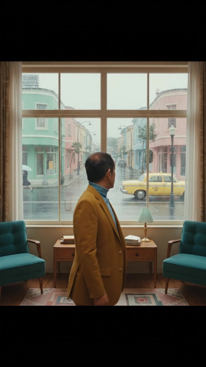 The Hiro stands in front of a large window, looking out at a rain-soaked street.