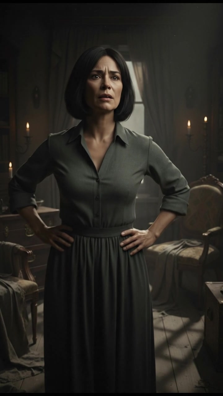 A close-up of Li looking curious, with her hands on her hips, standing in a dimly lit room filled with old furniture.