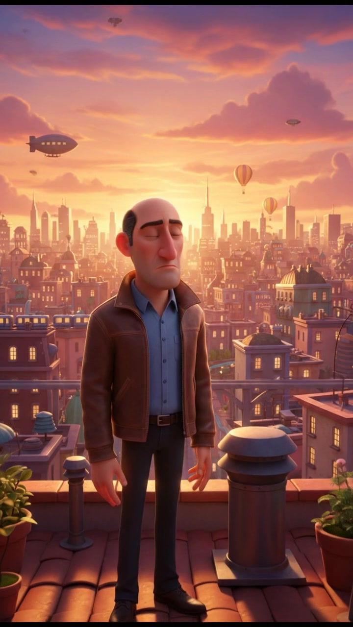 The Carlos stands on a rooftop at sunset, looking out over the city skyline, deep in thought.