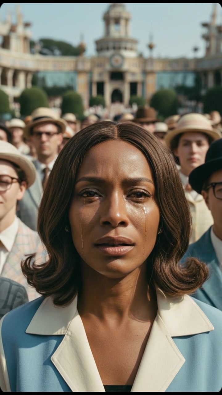 A close-up of Monique's face, tears streaming down as she watches someone from the crowd.