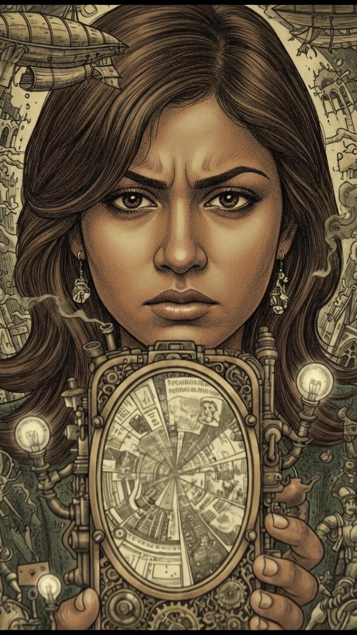 A close-up of the Priya holding her phone, looking at the screen with a contemplative expression.