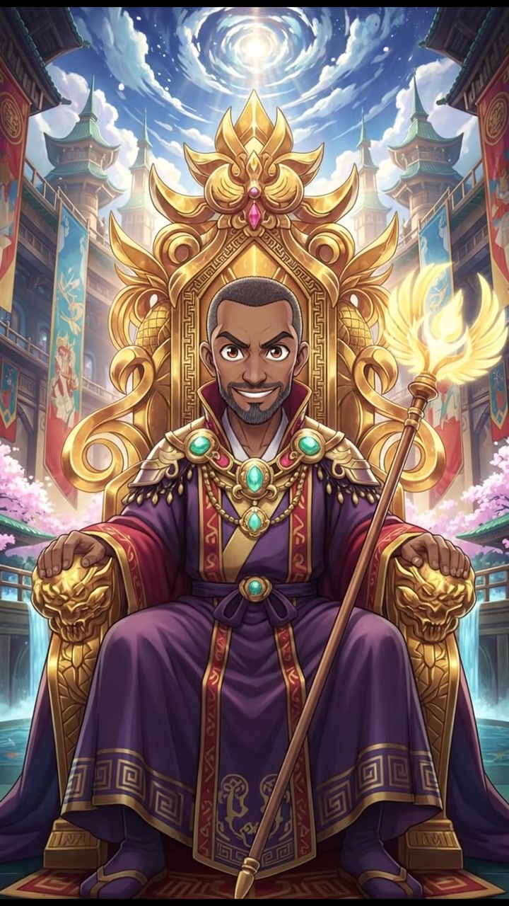 Kwame sitting on a grand throne in a traditional palace, adorned with intricate decorations.
