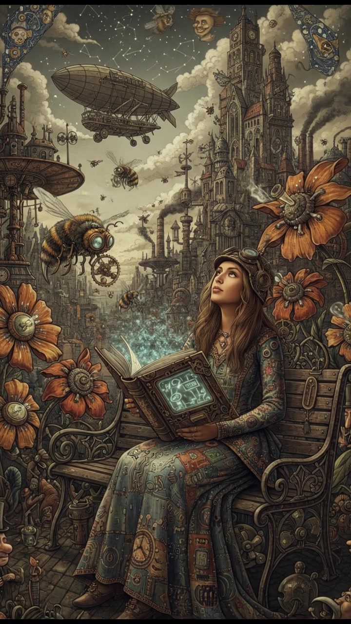 The Priya, with a book in hand, sits on a park bench surrounded by blooming flowers.