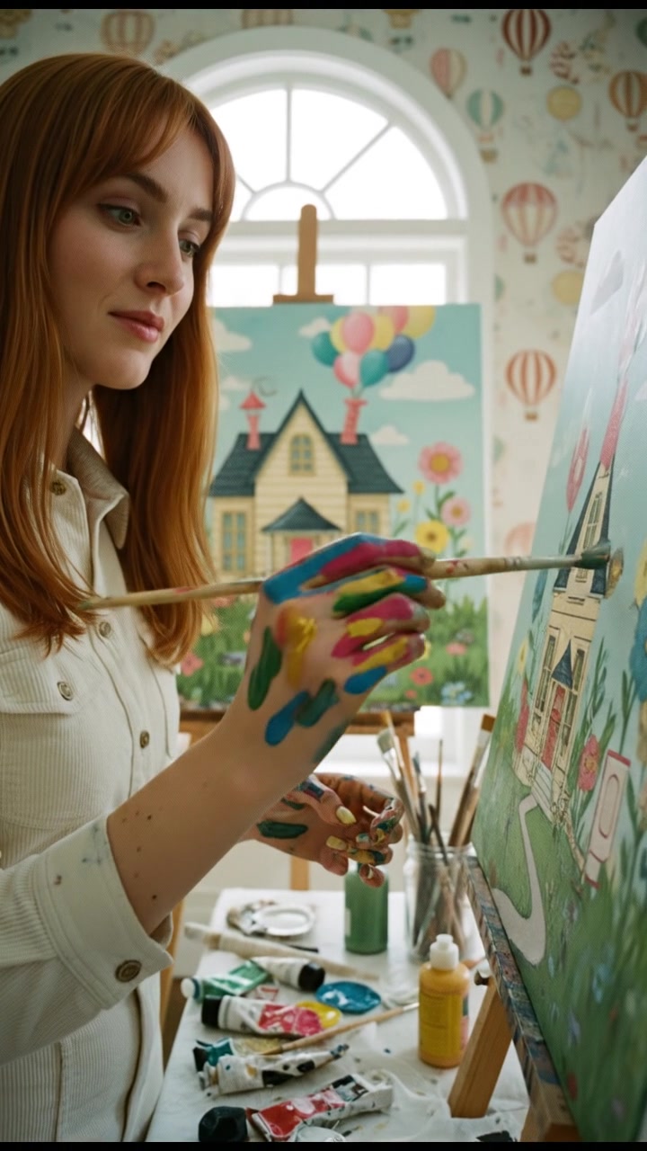 Close-up of Lena's hands stained with colorful paint as she works on a canvas.