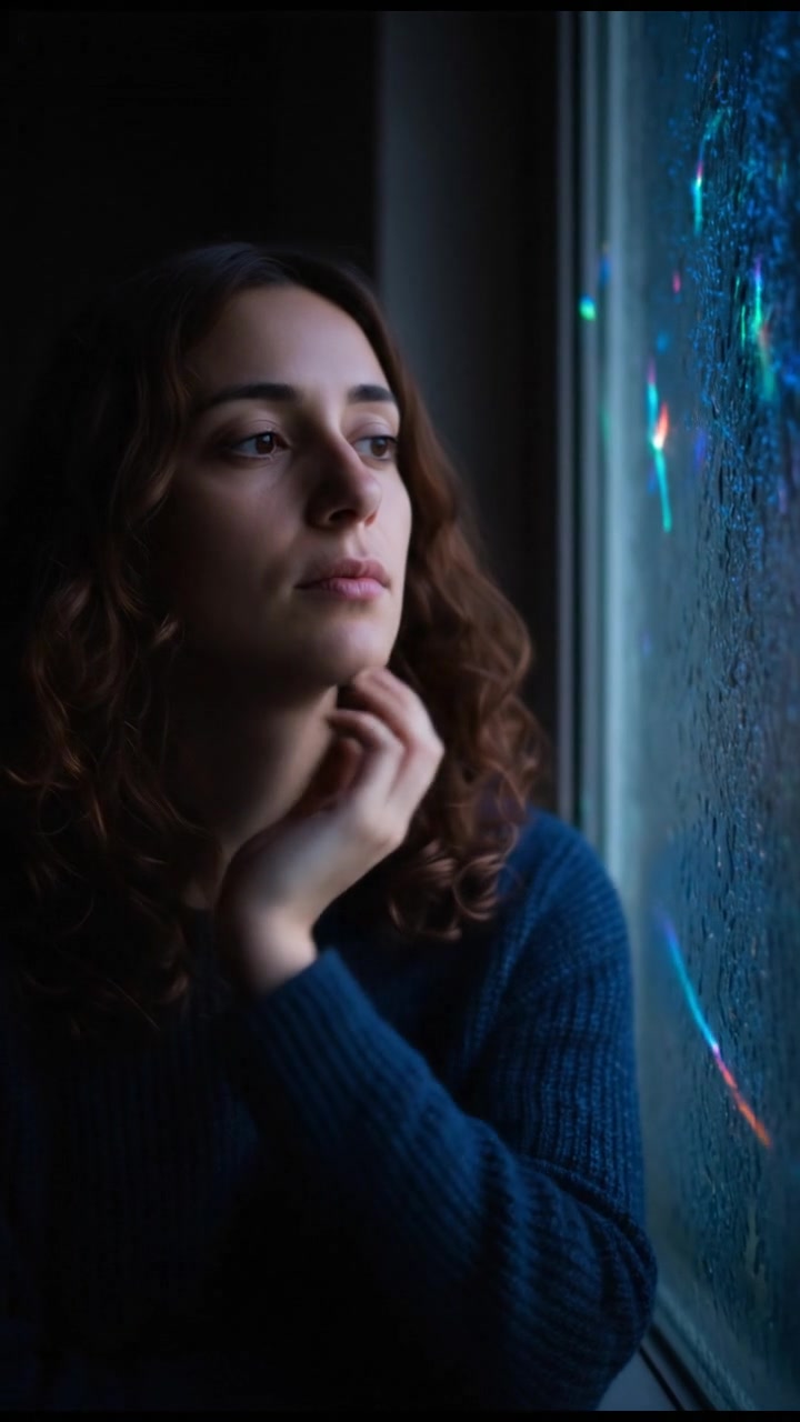 A close-up of the Maya thoughtfully gazing out of a window with her hand on her chin.