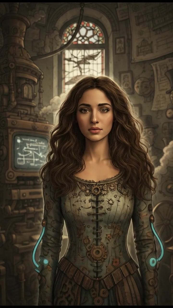 Maya standing in a dimly lit room, gazing thoughtfully at the viewer.