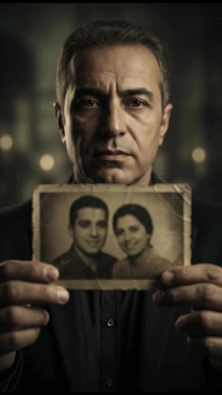A close-up of the Omar holding a photograph that appears older, with a background blurred out.