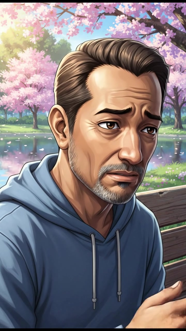 A close-up of Raj with tears streaming down his face, sitting alone on a wooden bench in a park.
