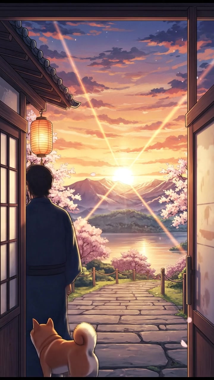 Raj opening the front door of his house, with the sun setting behind him.