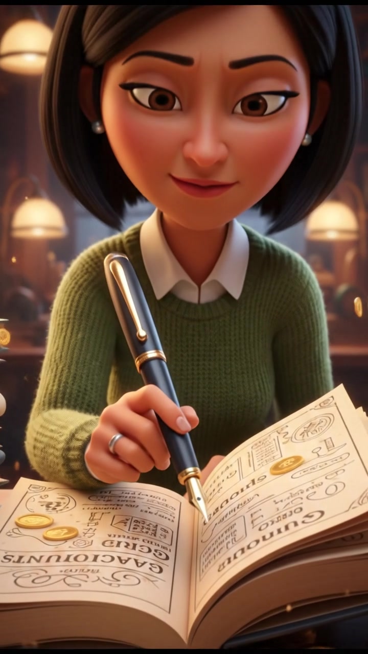 A close-up of Li holding a pen, deep in thought, with accounting ledgers visible.