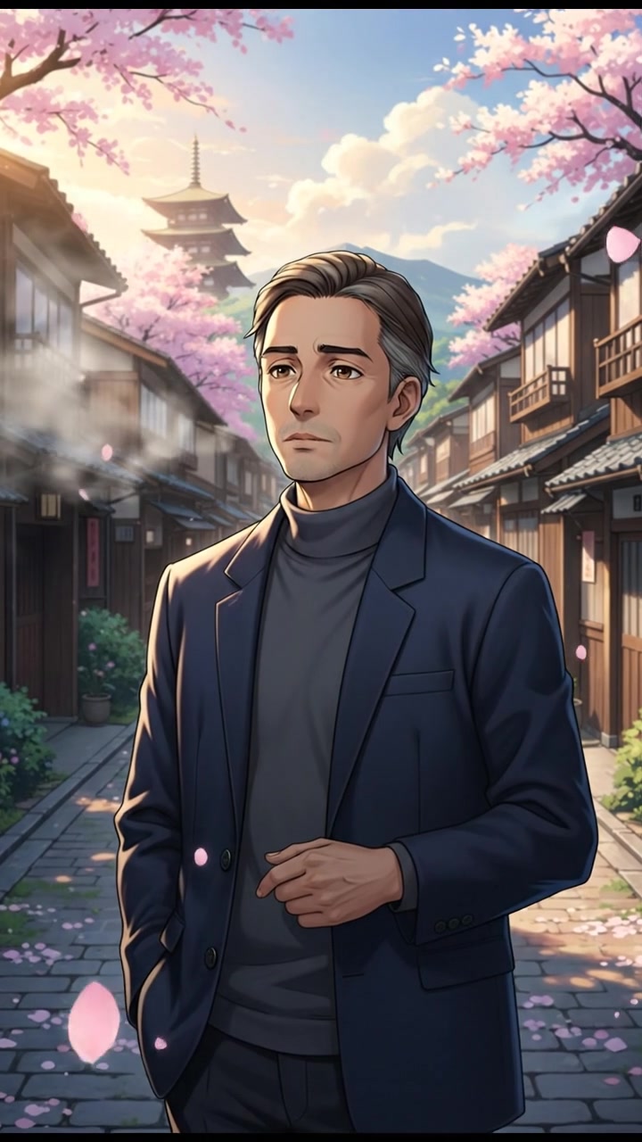 Omar standing outside on a quiet street, exhaling slowly with a contemplative expression.